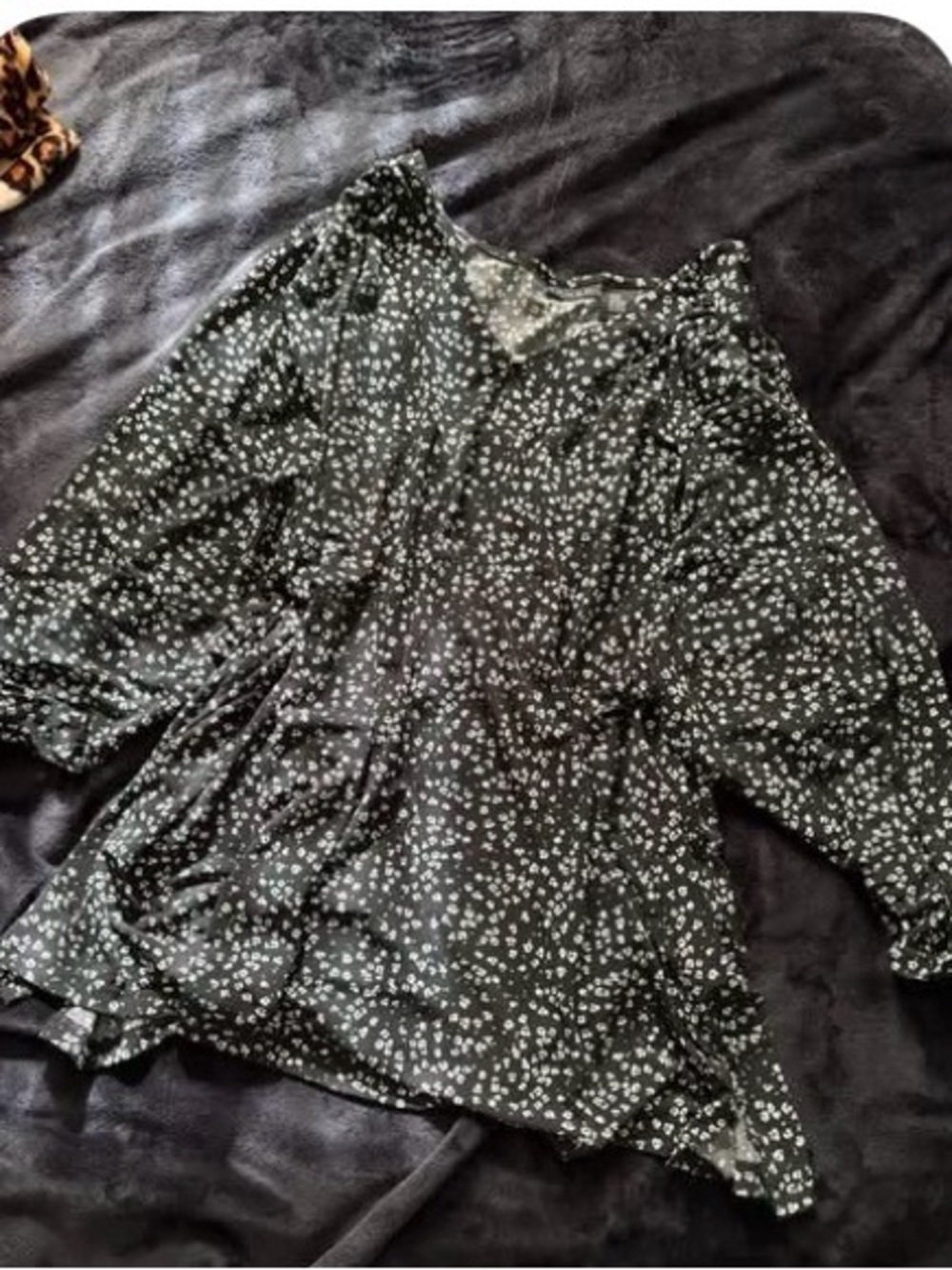 Tahari Black, Green and White Leopard Print V-Neck Blouse